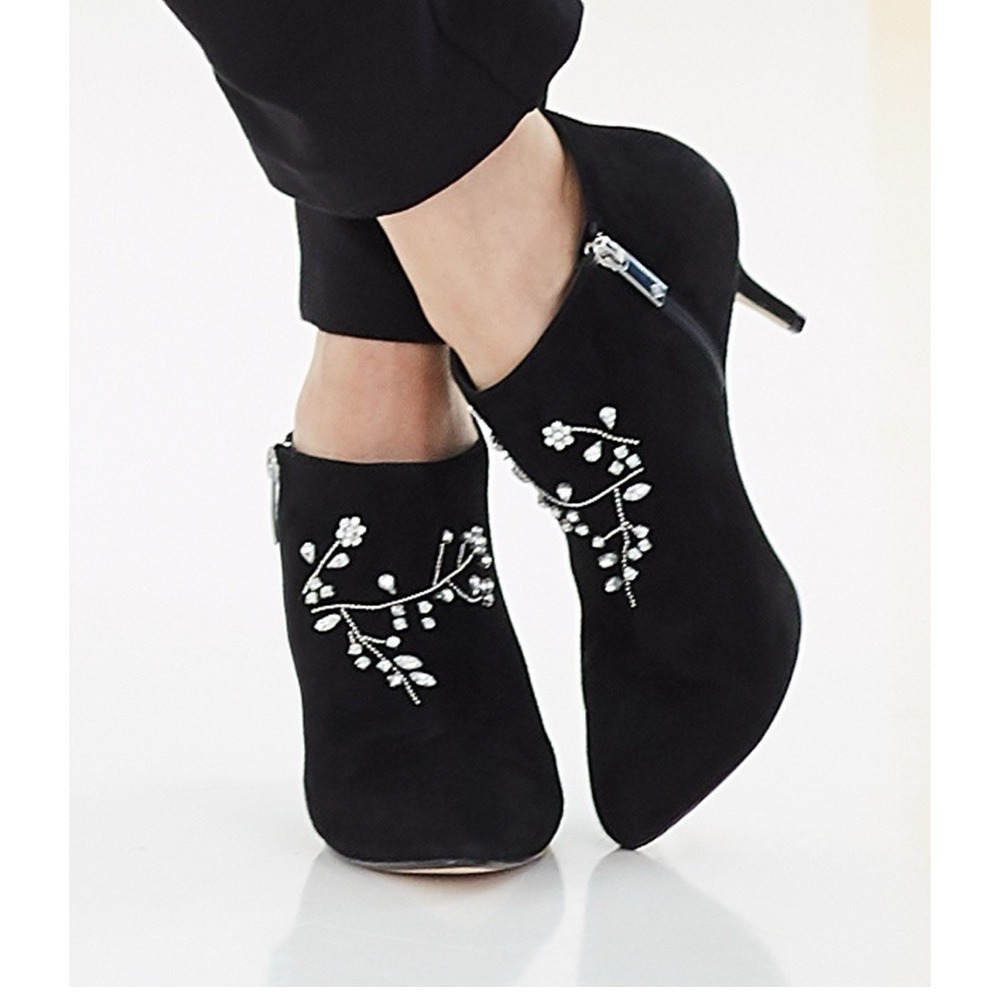 Nanette Lepore Nadine Black Rhinestone Floral Suede Kitten Heel Booties Size 8M